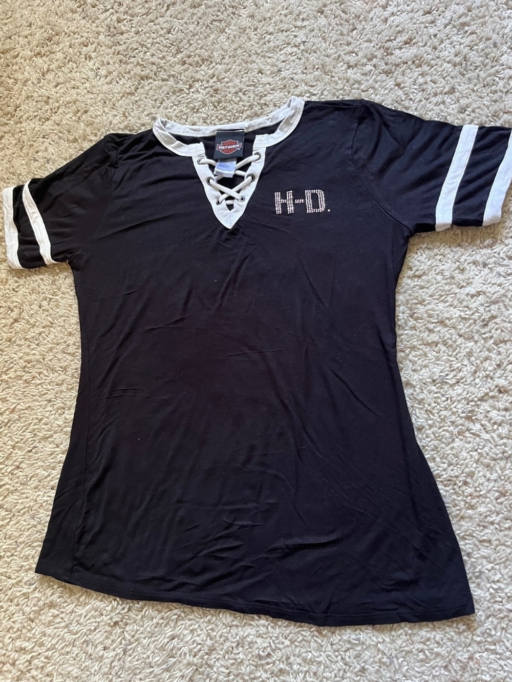 Harley-Davidson Women's Black Lace-Up Neck T-Shirt with Rhinestone H-D Logo